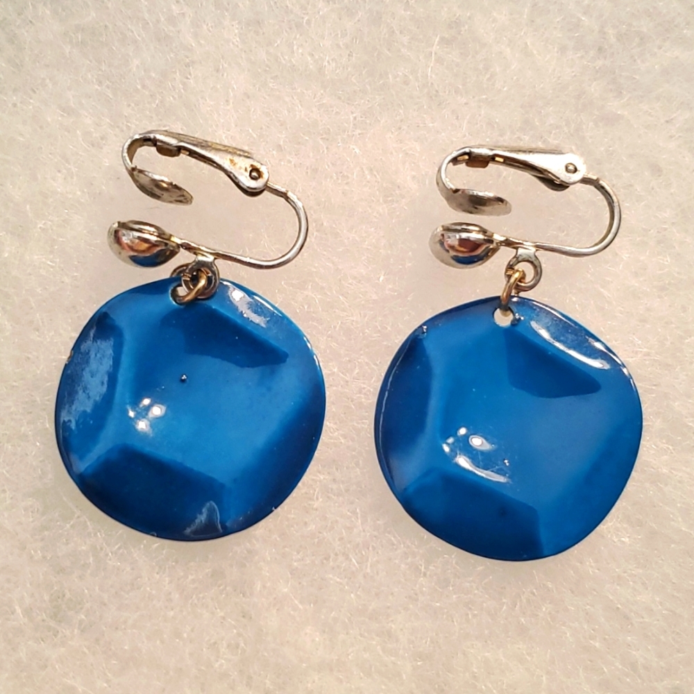Vintage metal blue disc drop earrings
